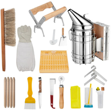 Juego de herramientas de apicultura de 15 piezas, kit para colmenas, herramientas para colmenas, accesorios de apicultura con ahumador de colmenas, cepillo para abejas, raspador desoperculador, guante
