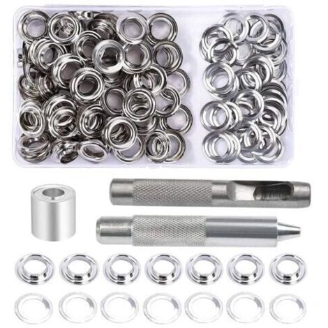 Juego de 100 ojales de 12 mm de diámetro para reparación de lonas, con herramienta de 3 piezas para ojales. Ideal para lonas, telas, cortinas y manualidades. (1/4)