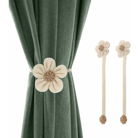Abrazaderas magnéticas para cortinas con hebillas, paquete de 2, diseño de girasoles, tela de lino decorativa, anchas, con cordón, accesorios de decoración para el hogar, blanco y beige (1/4)