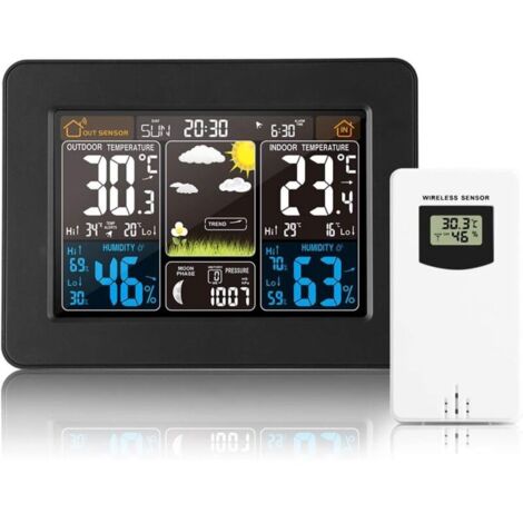 Estación meteorológica digital inalámbrica con sensor exterior: con hora, fecha, temperatura, humedad, barómetro, alarma, visualización de la fase lunar, termómetro multifuncional (negro) (1/4)