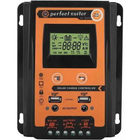 Controlador de carga solar MPTT, 12 V/24 V, regulador de batería, panel solar, pantalla LCD USB dual, controlador de corriente de 30 A, color negro y naranja, (1/4)