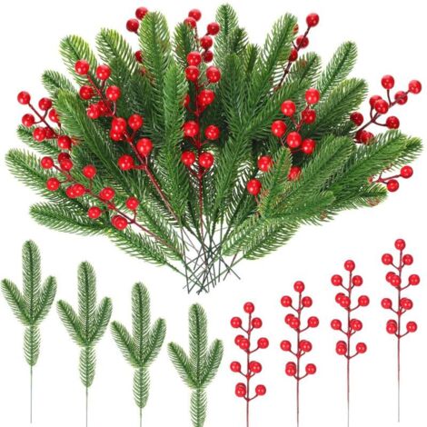 50 ramas de agujas de pino artificiales y tallos de frutos rojos artificiales, púas de plantas artificiales, frutos rojos navideños (1/4)