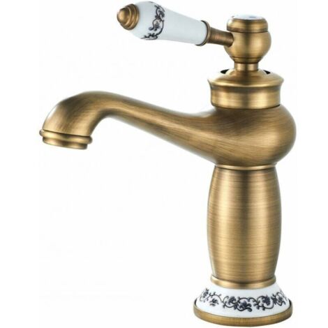 Grifo de baño retro, grifo de lavabo con manija de cerámica, mezclador de lavabo monomando, grifo de agua fría y caliente, grifo de lavabo de latón (1/4)