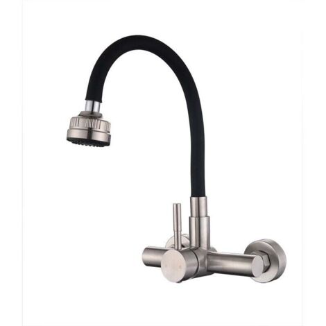 Grifo de cocina de pared 360°, rociador de cuatro funciones con manguera de silicona negra, acero inoxidable cepillado