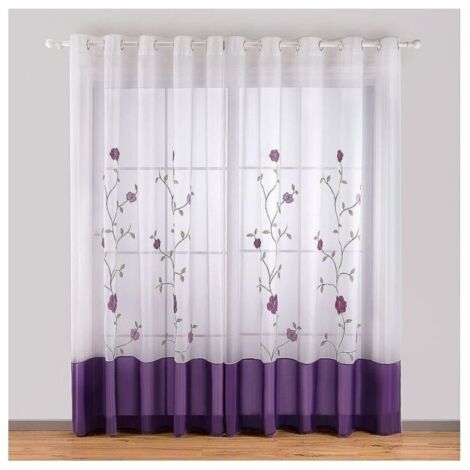 Cortinas con ojales   de 140 x 245 cm con bordado floral, de voile, para dormitorio, cocina, sala de estar, color morado, juego de 2 (1/4)