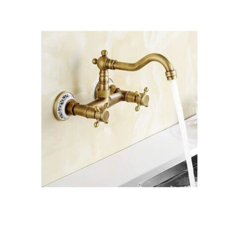 Grifo de cocina de pared, grifo de lavabo de cerámica vintage con agua fría y caliente, grifo de lavabo de latón antiguo (1/4)