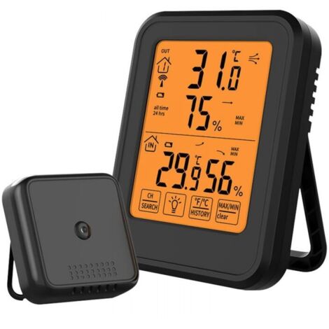 Termómetro higrómetro digital negro, para interiores y exteriores, con sensor externo inalámbrico y retroiluminación LCD (°C/°F), ideal para oficina, hogar y dormitorio. (1/4)