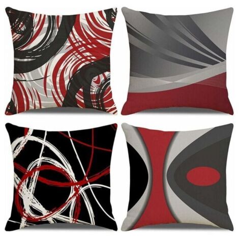 Juego de 4 fundas de cojín de 45 x 45 cm, funda de cojín decorativa para sofá con estampado geométrico de lino y algodón rojo y negro para sofá cama, dormitorio, silla de jardín