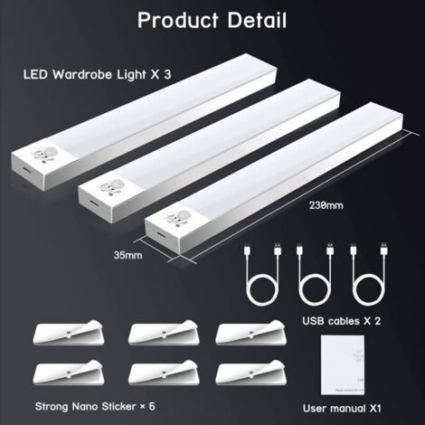 LED Luz De Armario, LED Luz De Armario Con 3 Colores Regulable, Luces Magnéticas Bajo Armario De