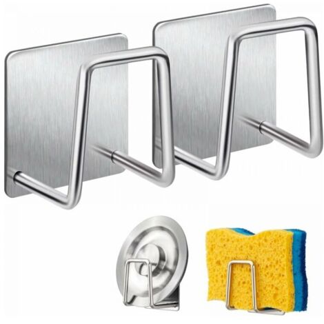 Soporte para esponjas (4 piezas) - Gancho para esponja de acero inoxidable 304, autoadhesivo - Accesorios para fregadero - Ganchos adhesivos, almacenamiento para cocina y baño, plateado