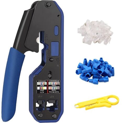 Crimpadora Proster RJ45 Cat5 Cat5e Cat6 Cat6a RJ-11, 6P/RJ-12, 8P/RJ-45 con 50 conectores, 50 tapas, 1 alicate pelacables y abrazaderas para cable de red