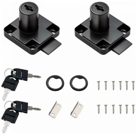 Paquete de 2 cerraduras negras para cajón de escritorio con 4 llaves universales, base cuadrada y tornillos. Cerradura de seguridad sólida para muebles, puertas, buzones y vitrinas . (1/4)