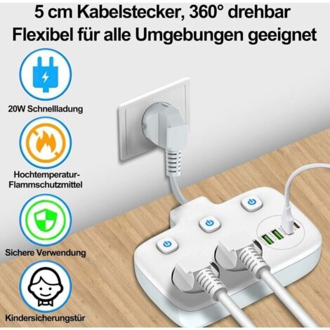 Regleta Giratoria Con Enchufe Extensible De 45 A 70 Cm, 3 USB-A, 3 USB-C, 2 Tomas De Corriente, Orientación 360°, Diseño Moderno