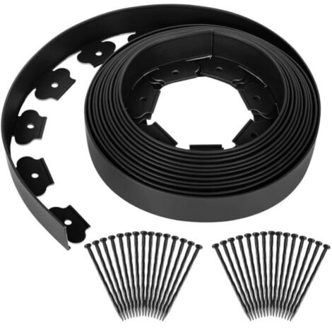 Borde de césped de plástico flexible, borde de jardín, separación de césped y piedras, con 30 clavos de fijación, 10 m de largo, negro, 5 cm de alto (1/4)