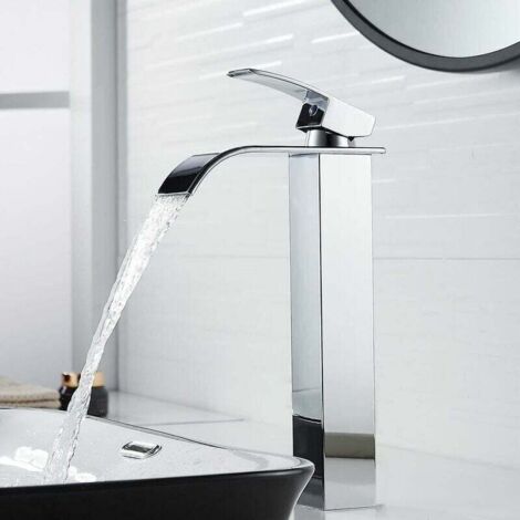 Grifo de lavabo alto y moderno con cascada, elegante grifo de baño, grifo monomando para agua fría y caliente (1/4)