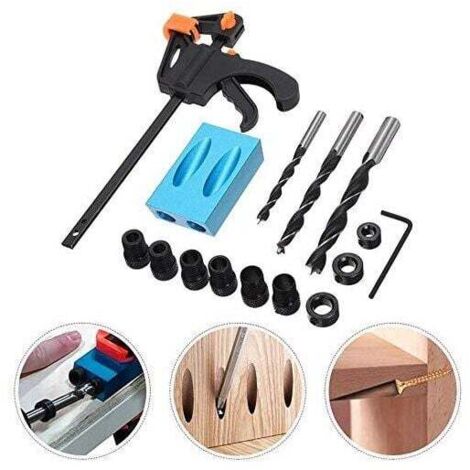 Juego de 15 plantillas para taladro angular con posicionador de broca de 15° para carpintería, plantilla para agujeros de bolsillo, guía para taladro angular de madera con adaptador de orificios. (1/4)