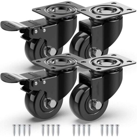 Ruedas giratorias para muebles, 2 piezas con freno + tornillos – rueda duradera, que no deja marcas – rueda de carro de goma – negro (1/4)