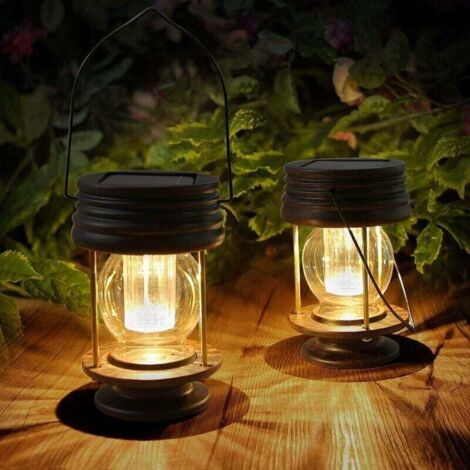 Paquete de 2 faroles solares colgantes - Luces LED solares vintage con asa para caminos, patios, árboles, playas y cenadores (luz cálida)