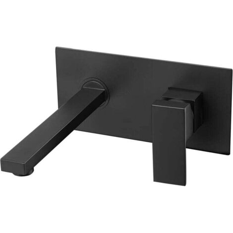Grifo de lavabo de pared, grifo de lavabo, grifo mezclador de agua fría y caliente, grifo de lavabo cuadrado de latón negro mate, resistente al agua. (1/4)
