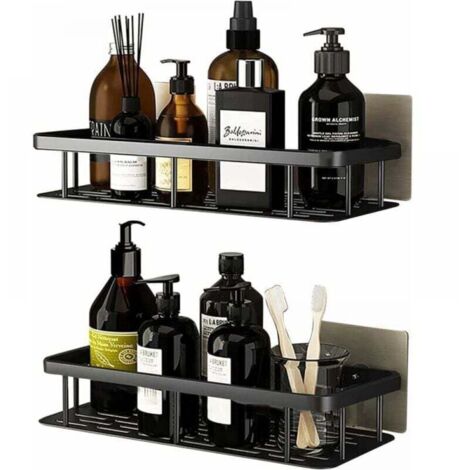 Estante de ducha de aluminio de 2 piezas sin taladrar, estante de baño inoxidable, estante de baño autoadhesivo, estante de ducha sin taladrar con 4 ganchos - negro (1/4)