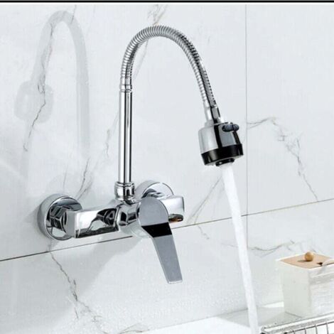 Grifo de cocina con ducha extensible de acero inoxidable para montaje en pared. (1/4)
