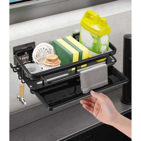 Soporte para fregadero de cocina de pared, escurridor de platos de cocina de pared, organizador de fregadero colgante con bandeja de goteo, 2 ganchos (1/3)