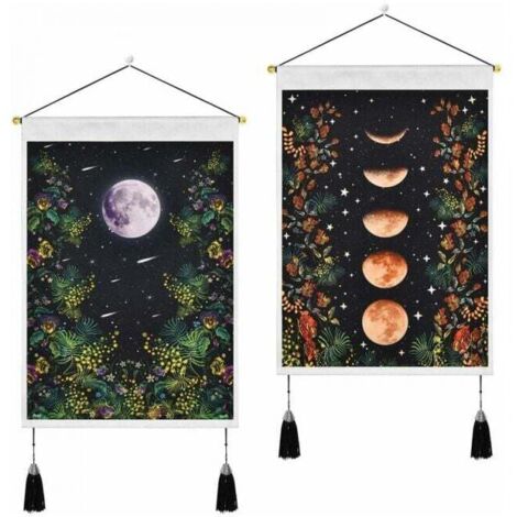 Tapiz negro con borlas de 35 x 50 cm, diseño de luna, para pared, de algodón y lino, con flores, para decoración del hogar, 2 unidades (1/4)