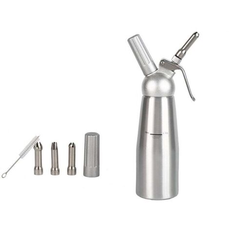 Dispensador de crema batida, sifón profesional de acero inoxidable con 3 boquillas decorativas, sifón gourmet de 1 pinta (plateado) (1/4)
