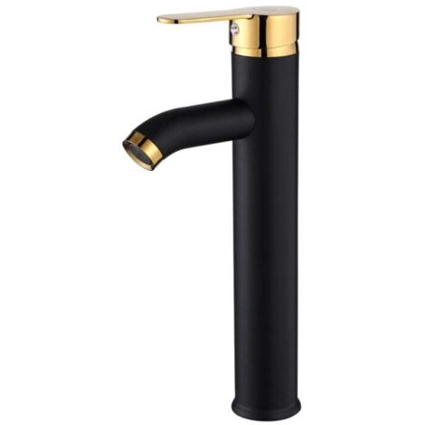 Grifo para lavabo de agua fría y caliente, grifo para baño, color negro dorado, codo alto, individual (1/4)