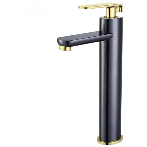 Grifo de acero inoxidable para lavabo de baño, grifo alto de agua fría y caliente, color negro y dorado. (1/4)