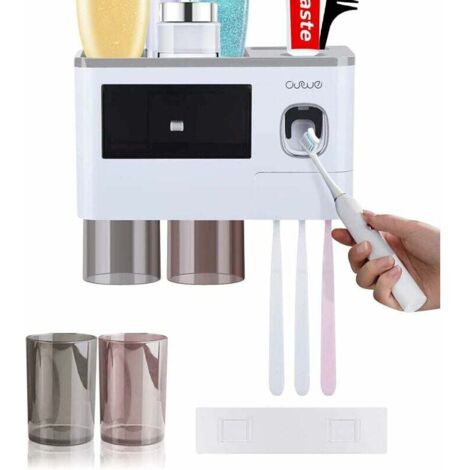 Portaspazzolino da parete con dispenser di dentifricio, bicchiere trasparente, cassetto per cosmetici e 6/7 slot per spazzolini, nessuna perforazione (1/4)