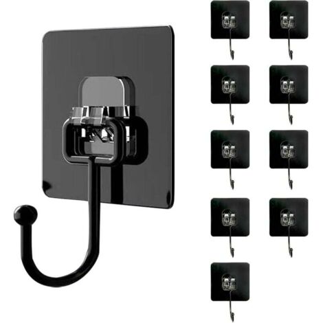Pack de 10 ganchos de pared autoadhesivos (hasta 30 kg) – Negro – Resistente al agua y sin dejar marcas – Se pueden instalar sin taladrar en baños, techos, electrodomésticos de cocina y llaves (1/4)