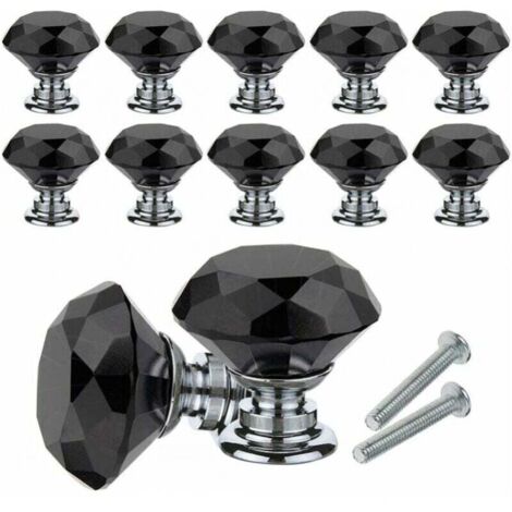 Pomos de cristal para muebles, paquete de 10 pomos de cristal de diamante, 30 mm, para puertas y cajones con tornillos para el hogar, la oficina, la cómoda, la cocina y más (negro) (1/4)