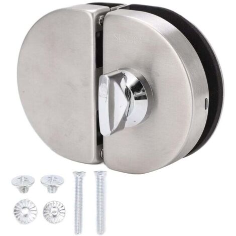 Cerradura reversible en plata con borde redondeado para cristales de 12 mm, en acero inoxidable sin orificio de apertura.