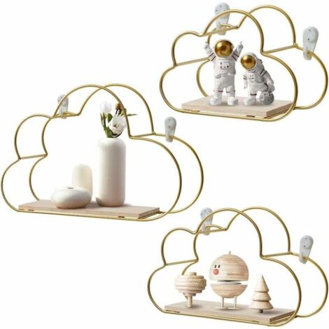 Set di 3 mensole da parete a nuvola, mensole sospese in metallo e legno, organizer da parete per cucina, bagno, camera da letto (1/4)