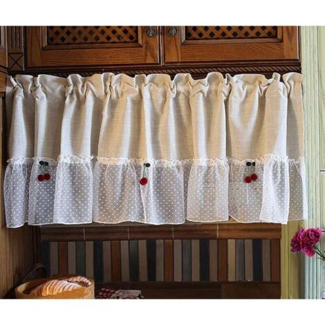 Cortinas de cocina de algodón y lino con encaje de cereza, cortas, para baño, dormitorio y sala de estar (150 cm (ancho) x 45 cm (alto), color cereza
