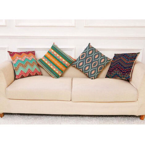 Fundas de cojín geométricas bohemias de 45 x 45 cm. Juego de 4 fundas de almohada de lino y algodón. Coloridas fundas de almohada decorativas de estilo étnico vintage para sofá, cama, sillas, coche y (1/4)