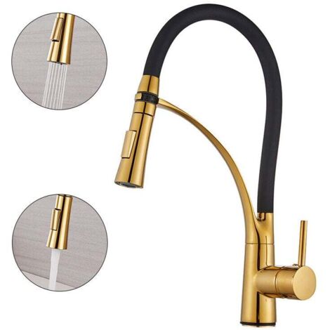 Grifo de cocina, mezclador flexible con caño giratorio 360° con flexo de silicona negra, con ducha extraíble y ducha de mano de doble función, disponible con agua fría y caliente. (1/4)