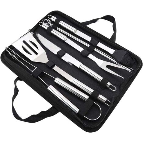 Juego de 9 utensilios para barbacoa de acero inoxidable, para el hogar, portátil, para exteriores, con bolsa Oxford, color plateado (1/4)