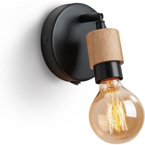 Aplique de pared interior de madera estilo industrial vintage, lámpara de pared retro giratoria de 360° con interruptor E27, iluminación decorativa para sala de estar, dormitorio o pasillo. (1/4)