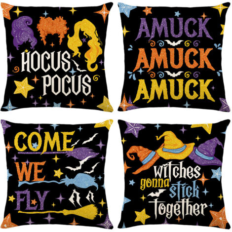 Juego de 4 fundas de almohada de Halloween, divertidas fundas de cojín con estampado de letras de Halloween y calabazas, fundas para cojines de sofá (45 x 45 cm) (1/4)