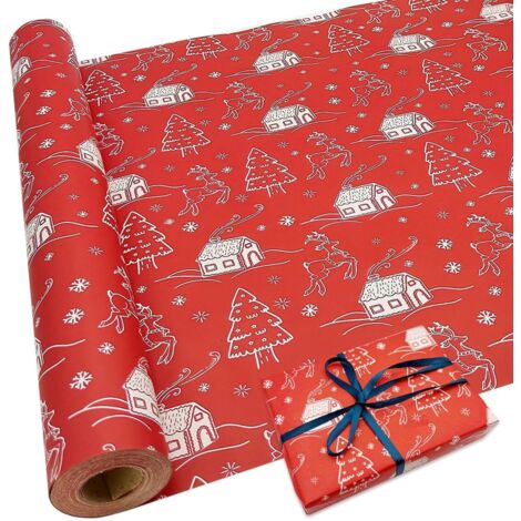 Papel de regalo navideño reciclable de 10 m x 50 cm, con diseños de árbol de Navidad y estrella roja (pegamento ecológico incluido, certificado FSC, embalaje ecológico). (1/4)