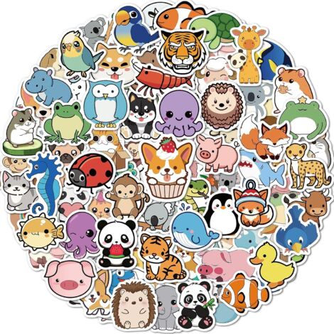 Paquete de 100 pegatinas de animales para niños, pegatinas bonitas e impermeables para botellas de agua, pegatinas de vinilo para ordenadores portátiles, premios para alumnos de primaria. (1/4)