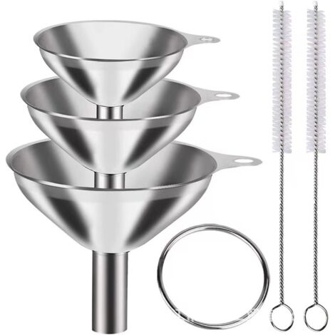 Juego de 3 embudos de cocina de acero inoxidable, para llenar líquidos, especias, transferir aceite, jugo, polvo, perfume incluye cepillo de limpieza. (1/3)