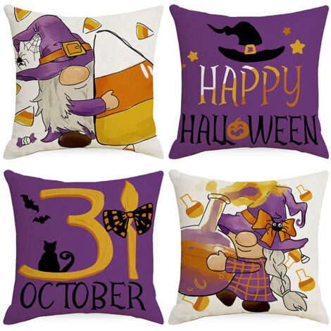 Juego de 4 fundas de almohada con estampado de brujas de Halloween, cojines para sofá de Halloween para sala de estar (45x45 cm) (1/4)