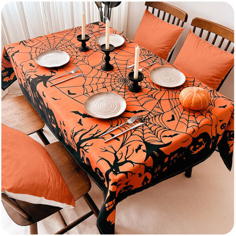 Mantel de Halloween con diseño de diablo, 140 x 180 cm, mantel de calabaza terrorífico, mantel de Halloween, adecuado para decoración de cocinas de restaurantes y fiestas de Halloween. (1/4)