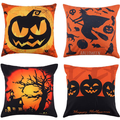 Juego de 4 fundas de almohada estampadas con cabezas de calabaza para Halloween, fundas para cojines de sofá con diseño de calabaza (45 x 45 cm) (1/4)