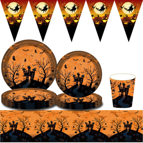 Vajilla de Halloween, 34 piezas: platos, servilletas, manteles, banderines y vasos de papel. Decoraciones para fiestas temáticas de Halloween.