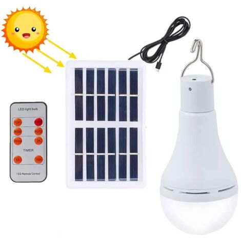 Bombilla LED solar impermeable con mando a distancia y temporizador, luz exterior, ideal para jardín y senderismo.