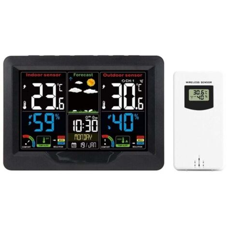 Estación meteorológica inalámbrica para interiores y exteriores con sensor, termómetro con pantalla a color de 4 niveles de brillo, estación meteorológica por radio DCF con hora, temperatura, humedad  (1/4)